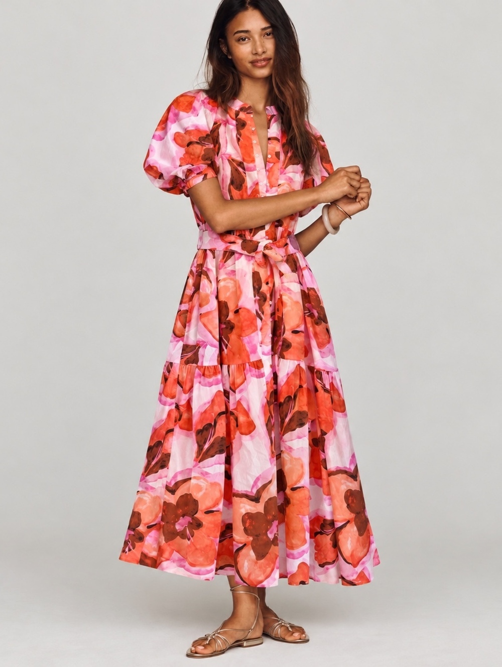 Brave + True Pink Orange Floral Puff Sleeve Belted Maxi Dress NWT Small